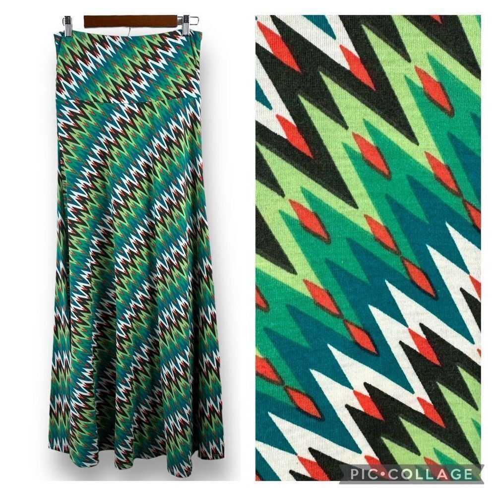 LuLaRoe Women's S Maxi Skirt Multishade Green Zig Zag Print‎ Funky Maximalist